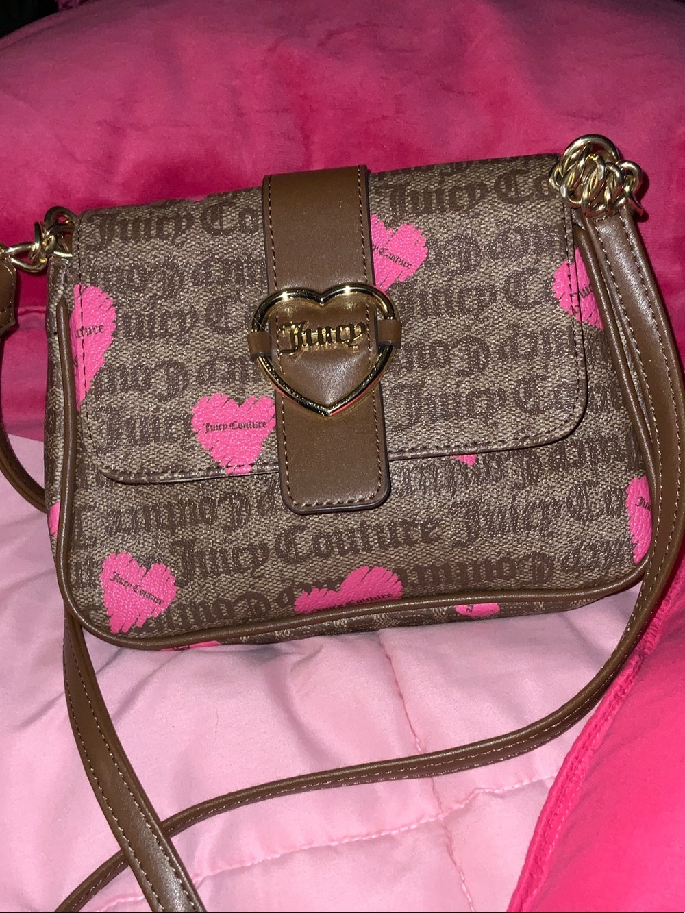 Juicy Couture Brown Logo Crossbody with Pink Heart Print